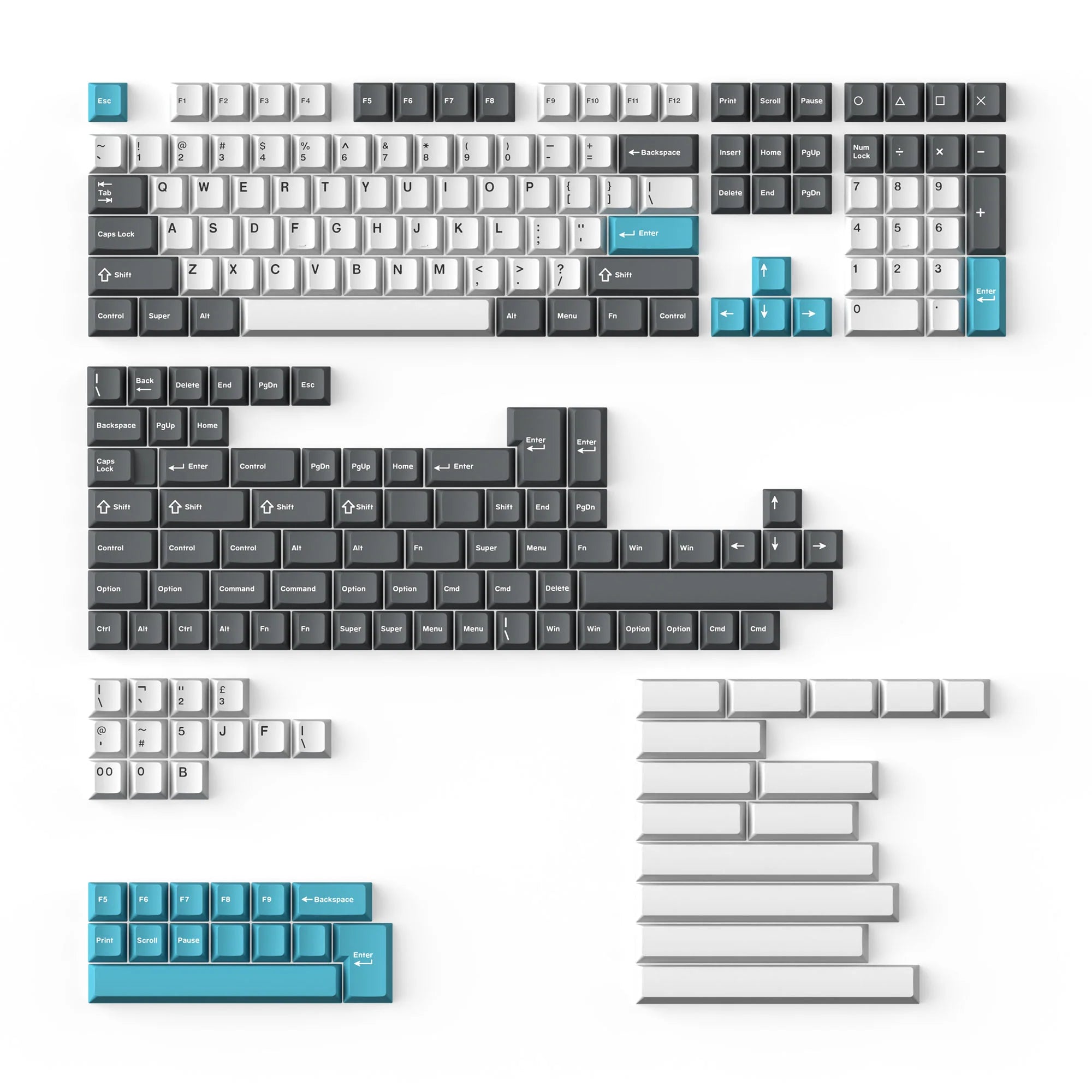 Cherry Profile Double - Shot PBT Full Set Keycaps - Grey, White, and Blue