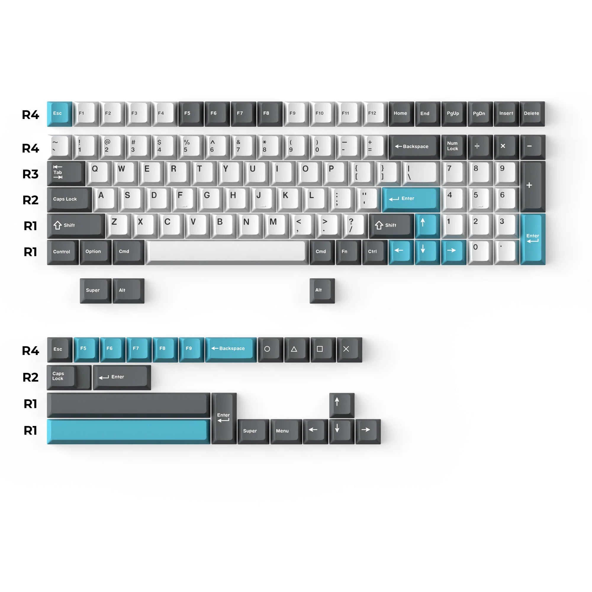 Cherry Profile Double - Shot PBT Full Set Keycaps - Grey, White, and Blue - View 2