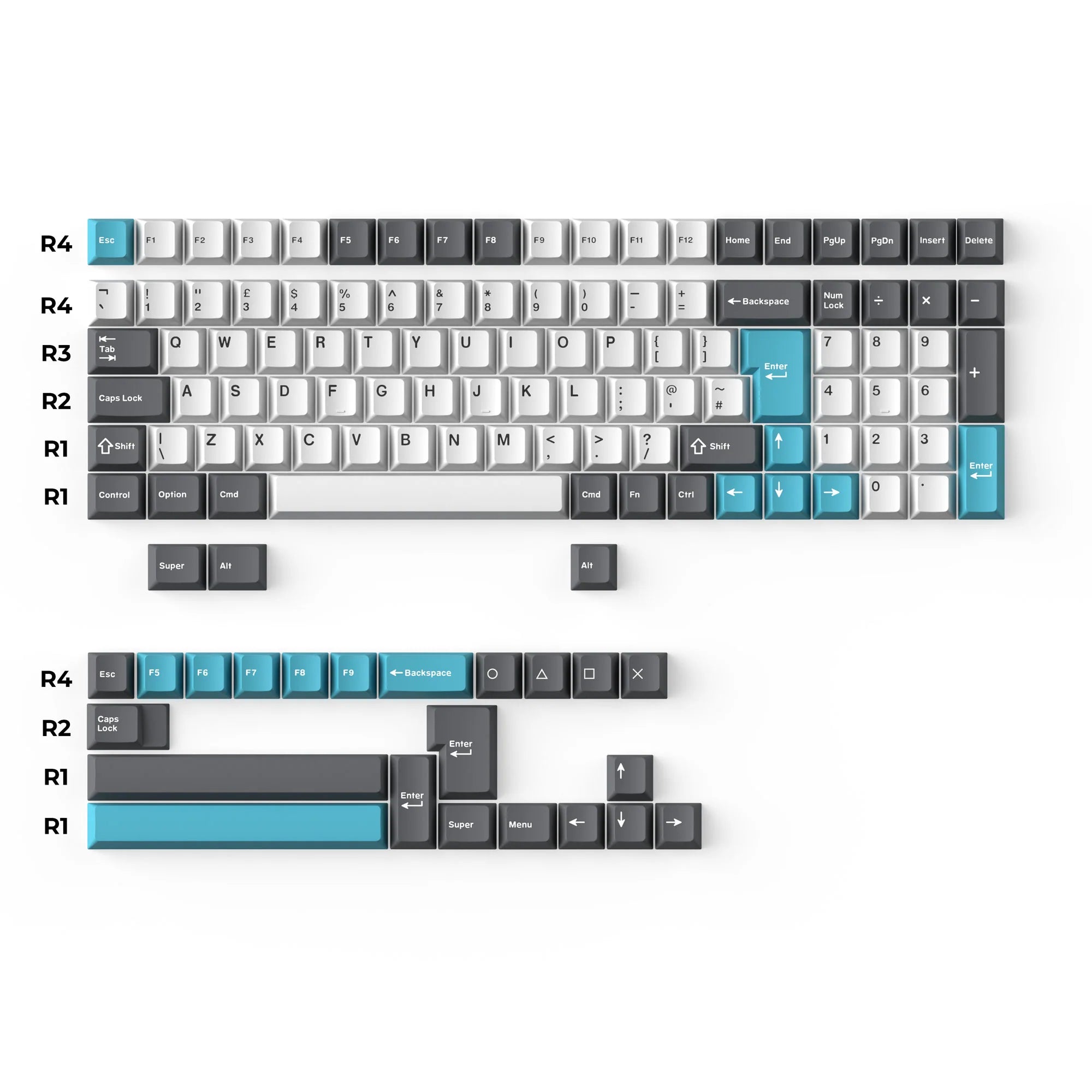 Cherry Profile Double - Shot PBT Full Set Keycaps - Grey, White, and Blue - View 3